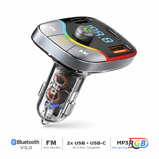 Transmisor FM Bluetooth para Carro Harvic – Cargador USB Tipo C + 2 USB, RGB, Reproductor MP3 - Tecnomundointl
