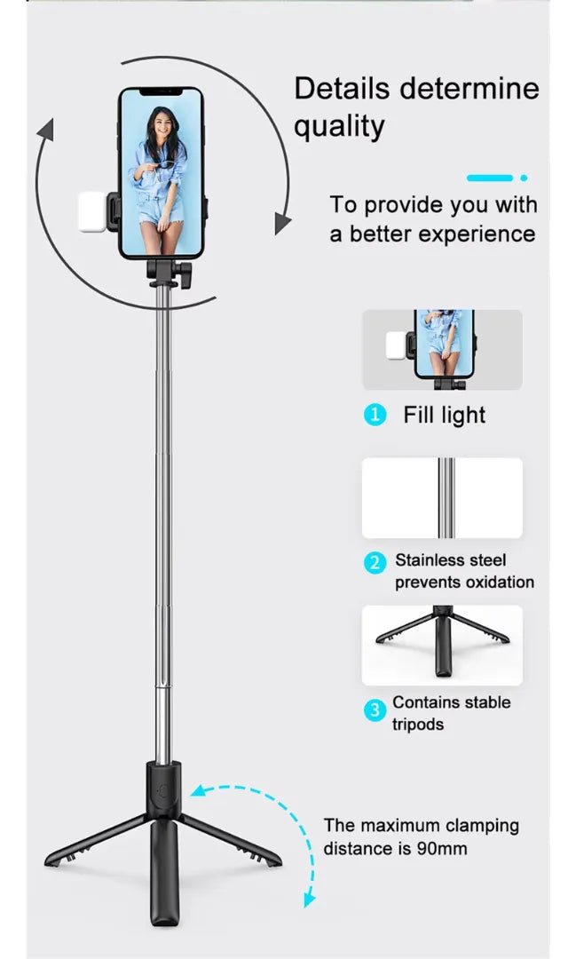 Tripode y Palo de Selfie, Incluye Luz Led, con Disparador P20s P20s - Tecnomundointl
