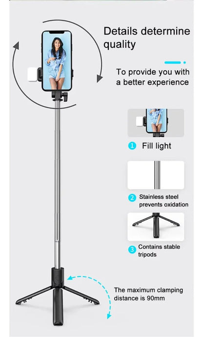 Tripode y Palo de Selfie, Incluye Luz Led, con Disparador P20s P20s - Tecnomundointl